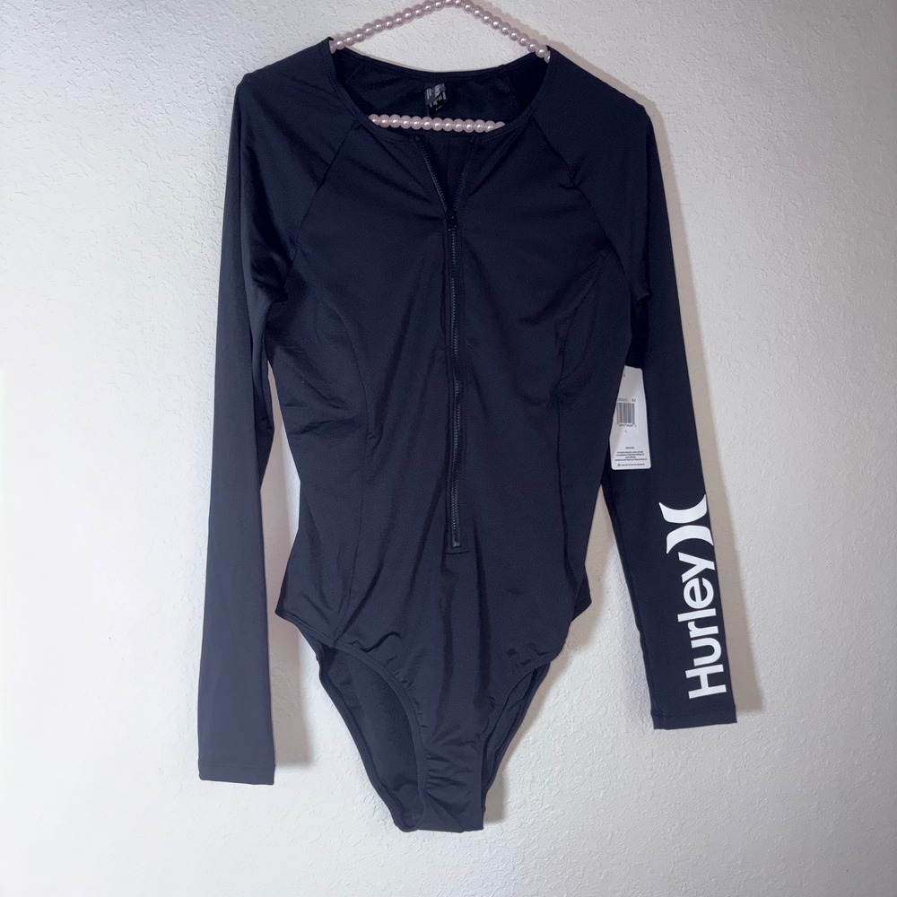 Hurley Rash Guard Bodysuit Large Black NEW Long Sleeve Zip Front Logo